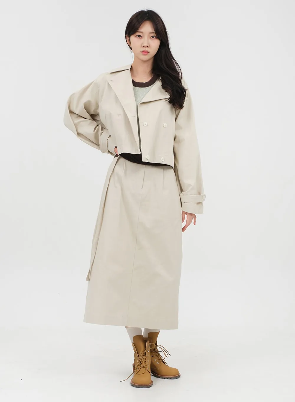 Double Button Cropped Trench Coat OA06