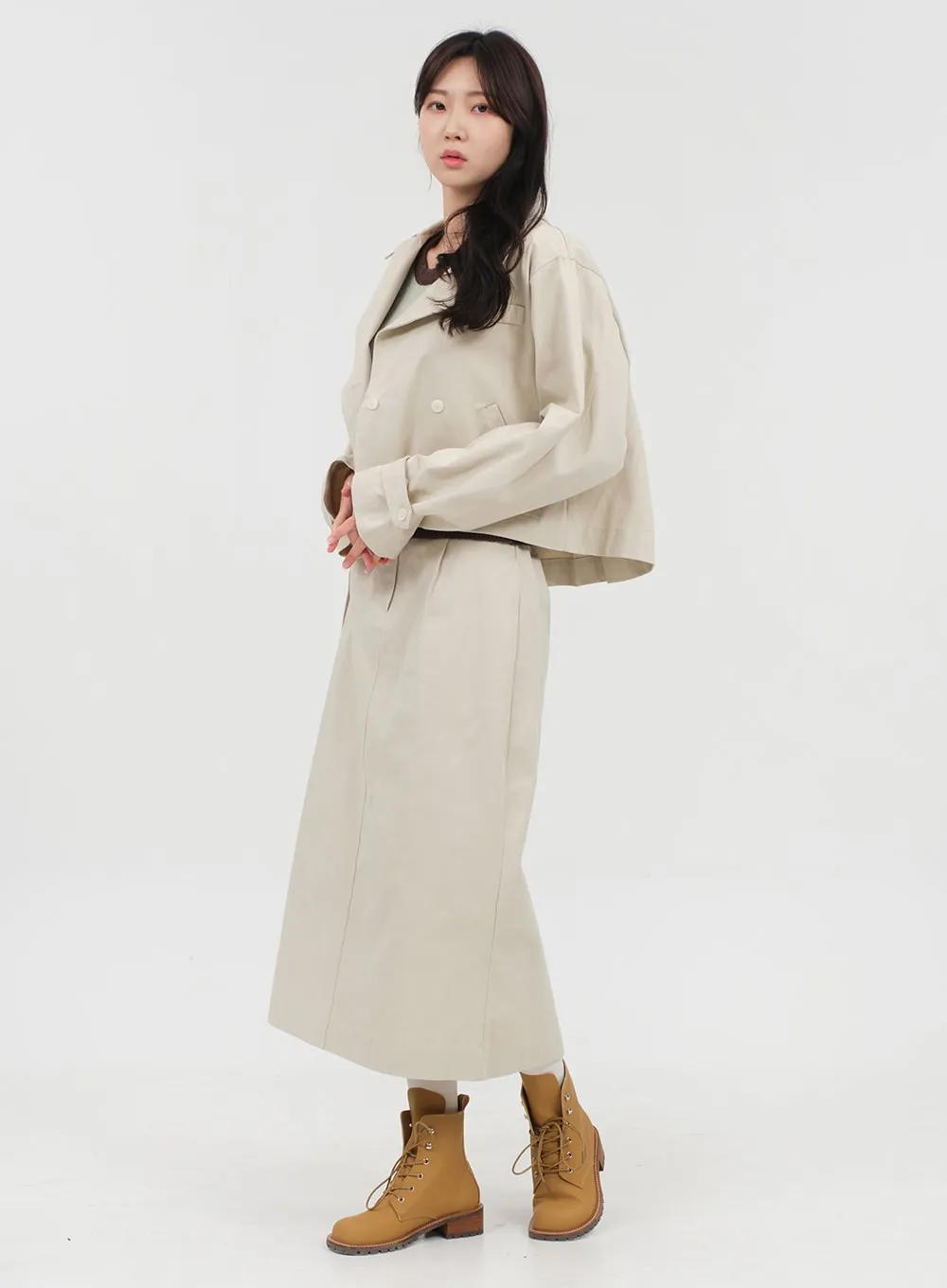 Double Button Cropped Trench Coat OA06