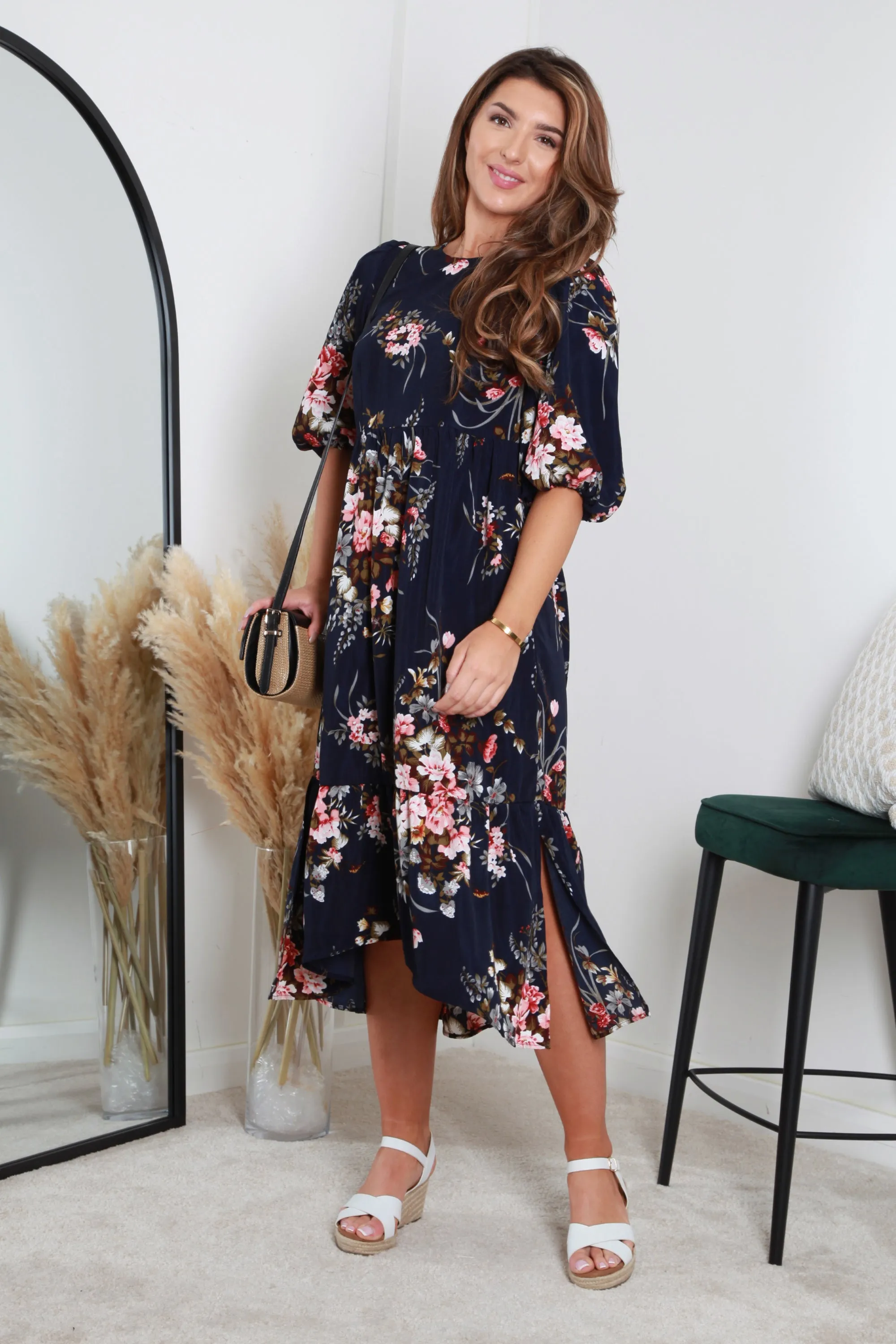 Double Second Navy Floral Printed A-line Tiered Dress