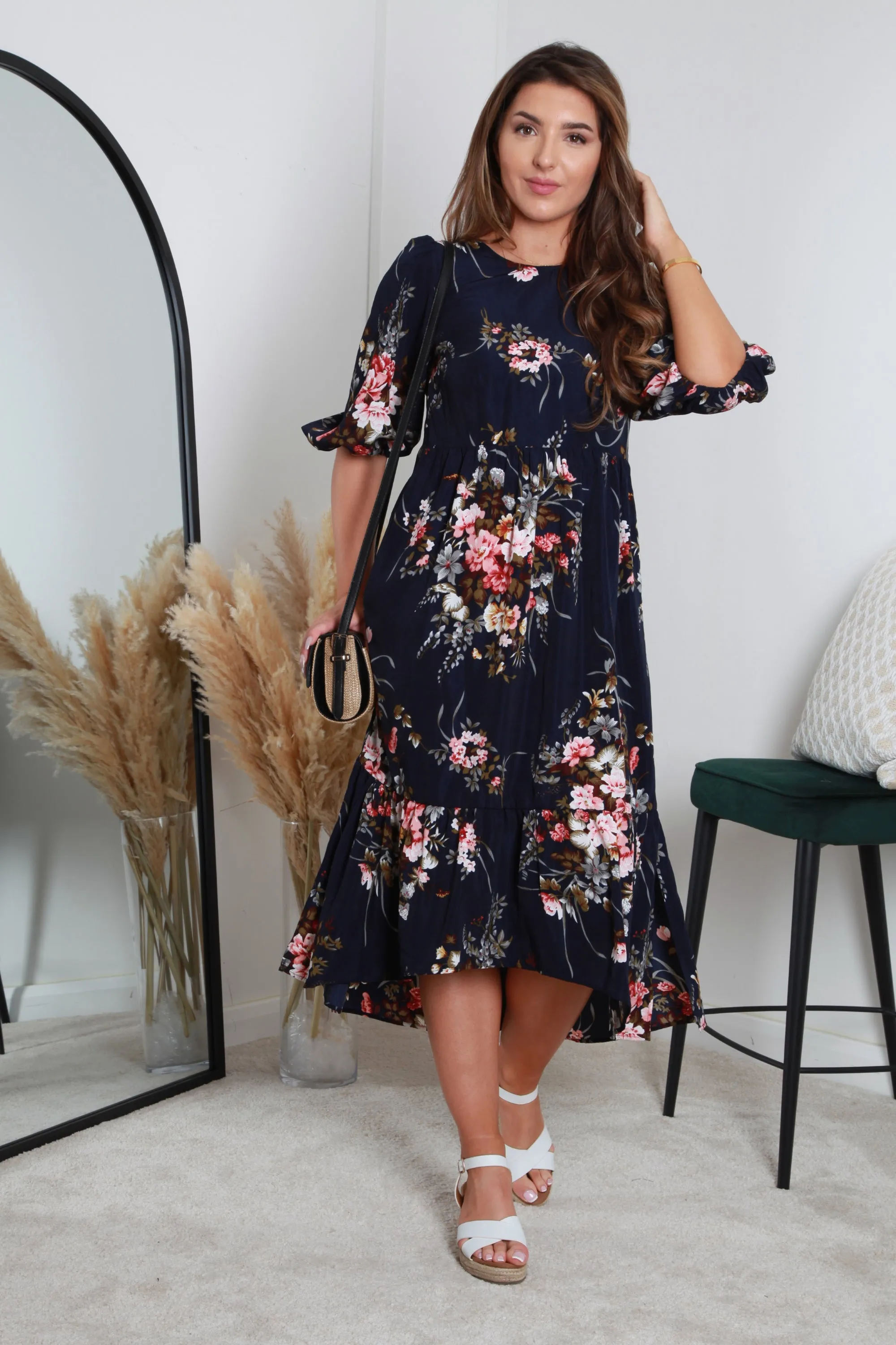 Double Second Navy Floral Printed A-line Tiered Dress