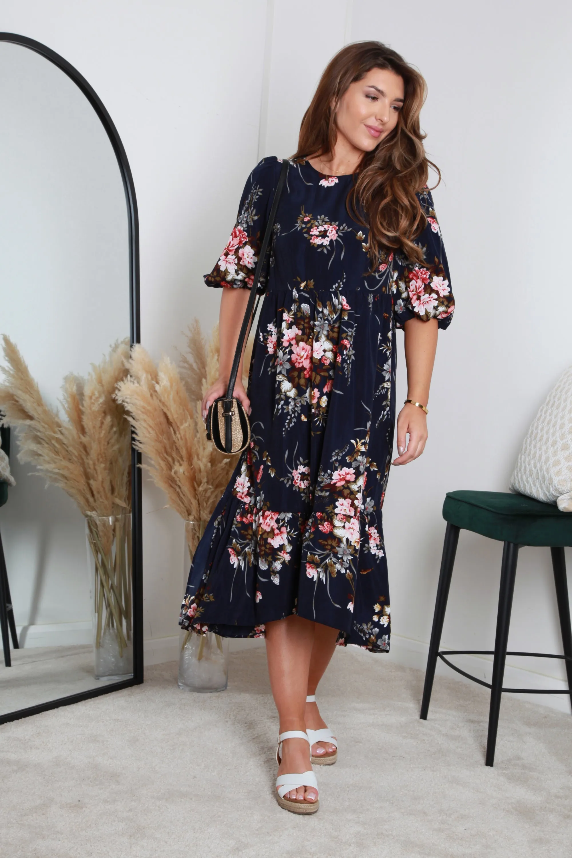 Double Second Navy Floral Printed A-line Tiered Dress