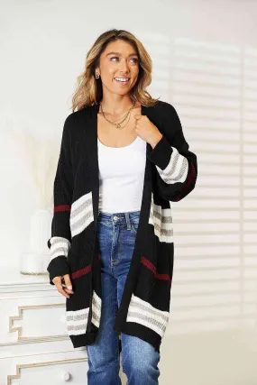 Double Take Striped Rib-Knit Drop Shoulder Open Front Cardigan