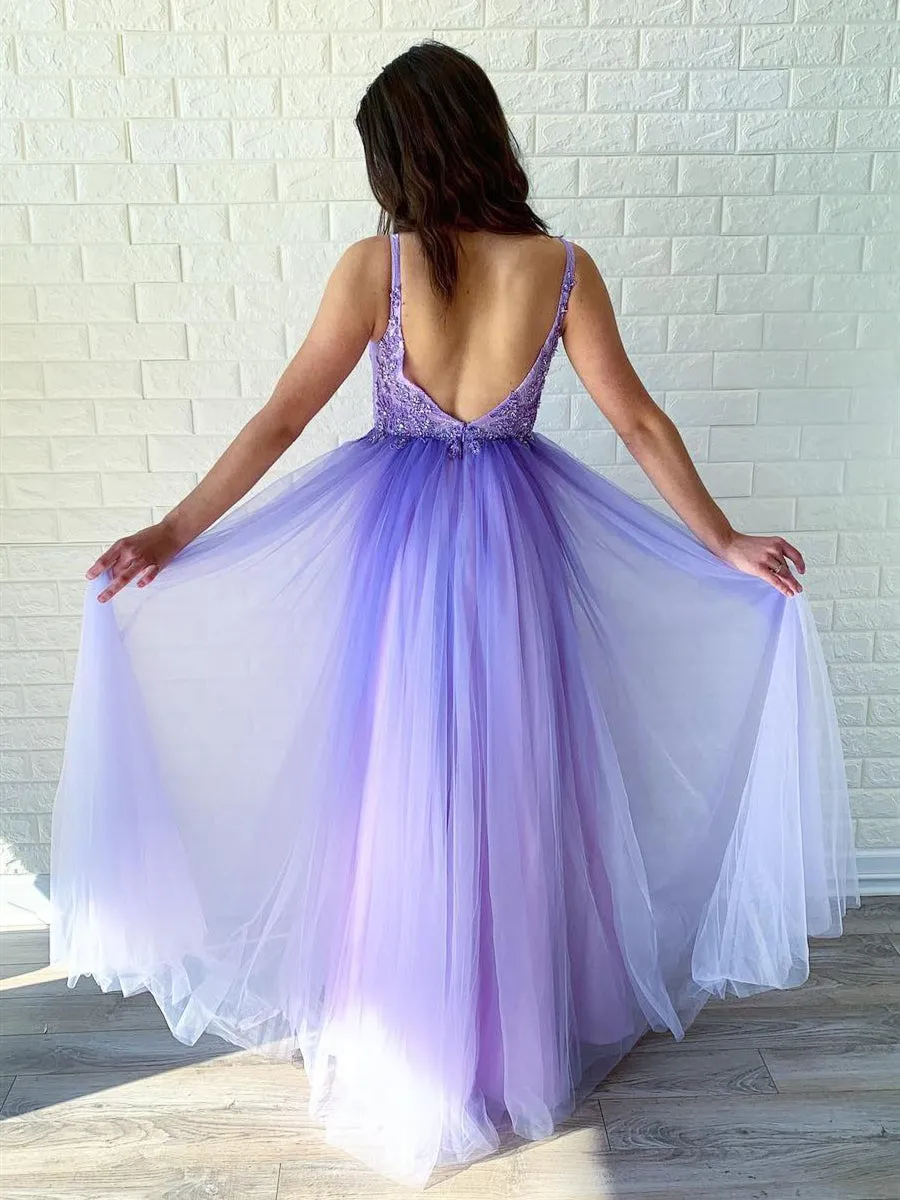 Elegant V Neck Backless Beaded Lace Purple Long Prom, Backless Purple Formal Graduation Evening