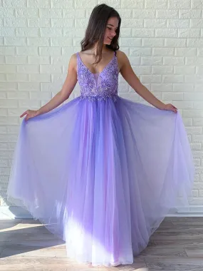 Elegant V Neck Backless Beaded Lace Purple Long Prom, Backless Purple Formal Graduation Evening