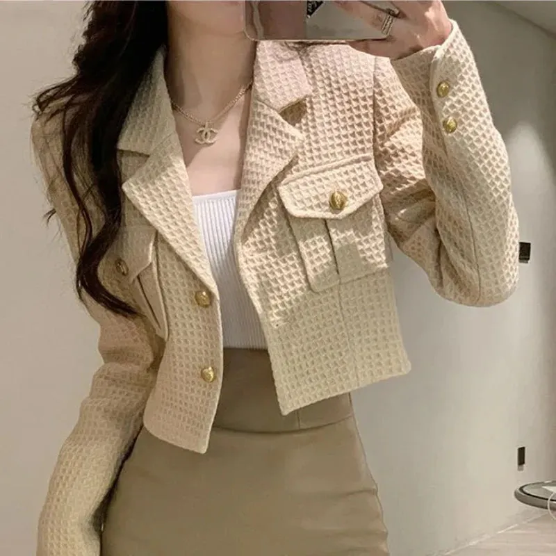 Fashionkova Christmas Gift Outfit  Jacket Women Solid Elegant Korean Cropped Blazer Casual Tender Coat Autumn Office Lady Simple Double Button Design Short Outwear