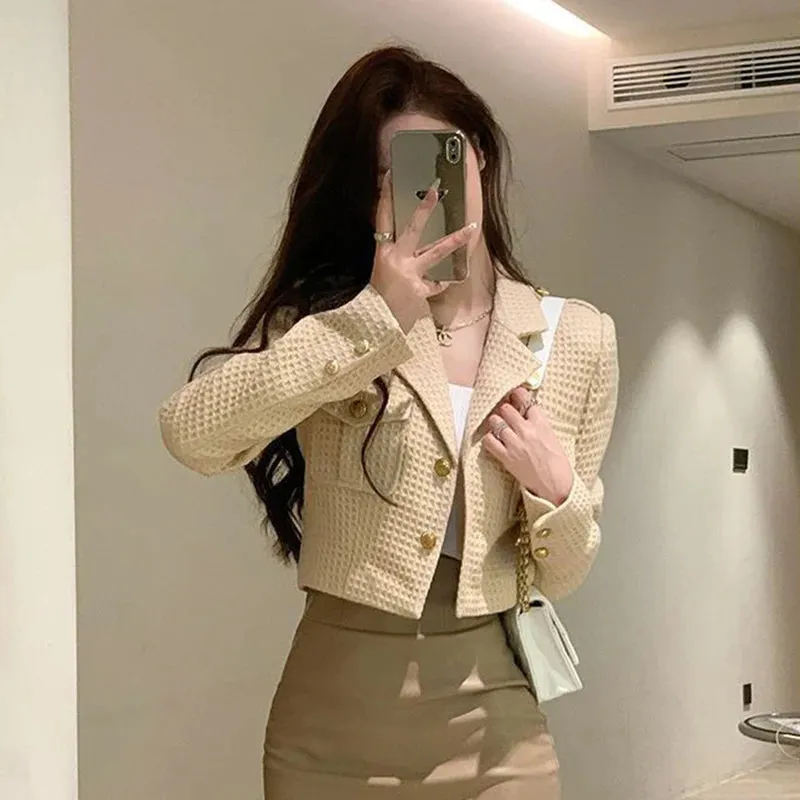 Fashionkova Christmas Gift Outfit  Jacket Women Solid Elegant Korean Cropped Blazer Casual Tender Coat Autumn Office Lady Simple Double Button Design Short Outwear