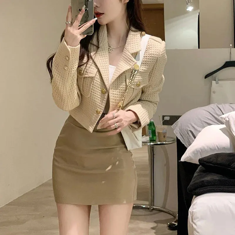 Fashionkova Christmas Gift Outfit  Jacket Women Solid Elegant Korean Cropped Blazer Casual Tender Coat Autumn Office Lady Simple Double Button Design Short Outwear