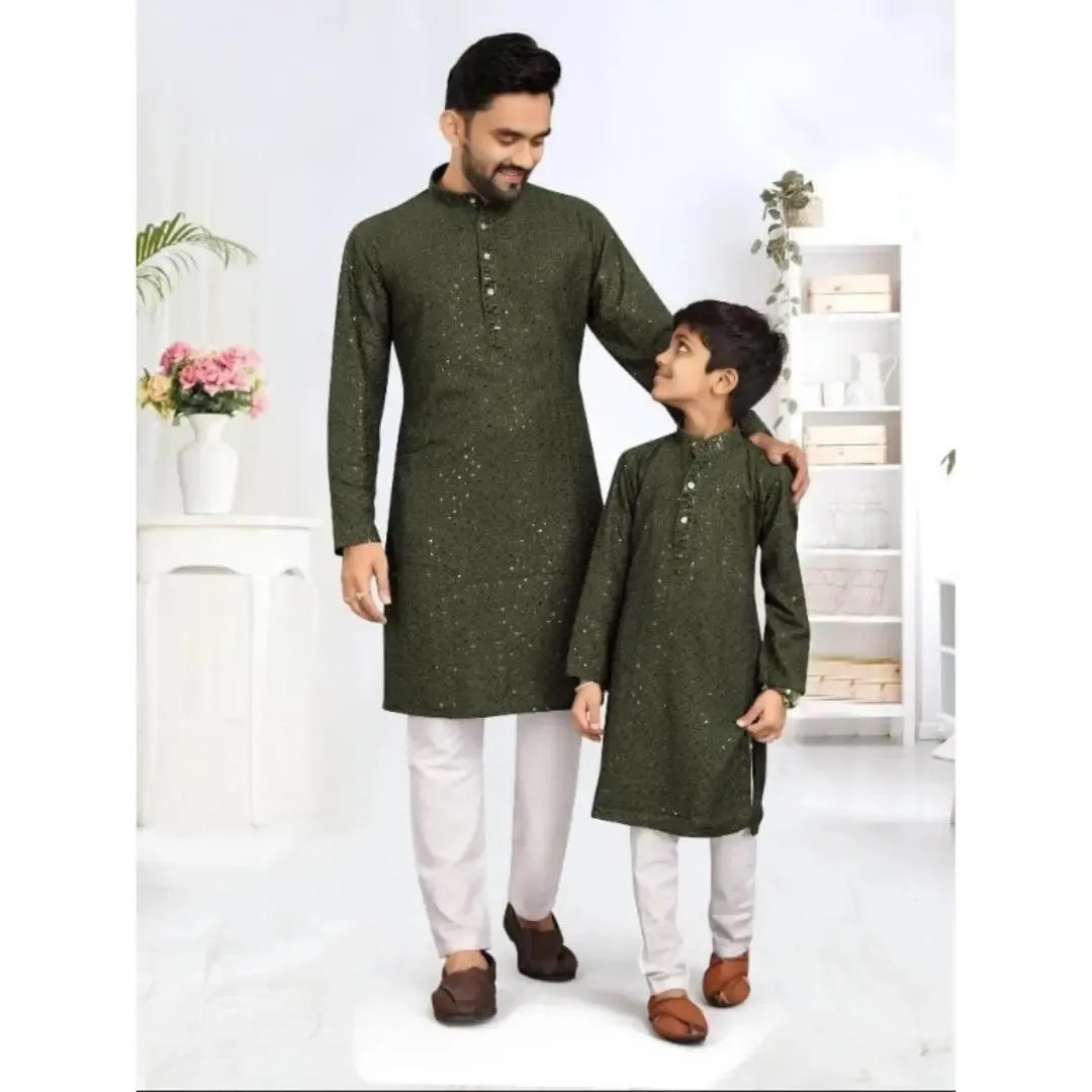 Father and Son Green Chikankari Same Matching Kurta Dress Set