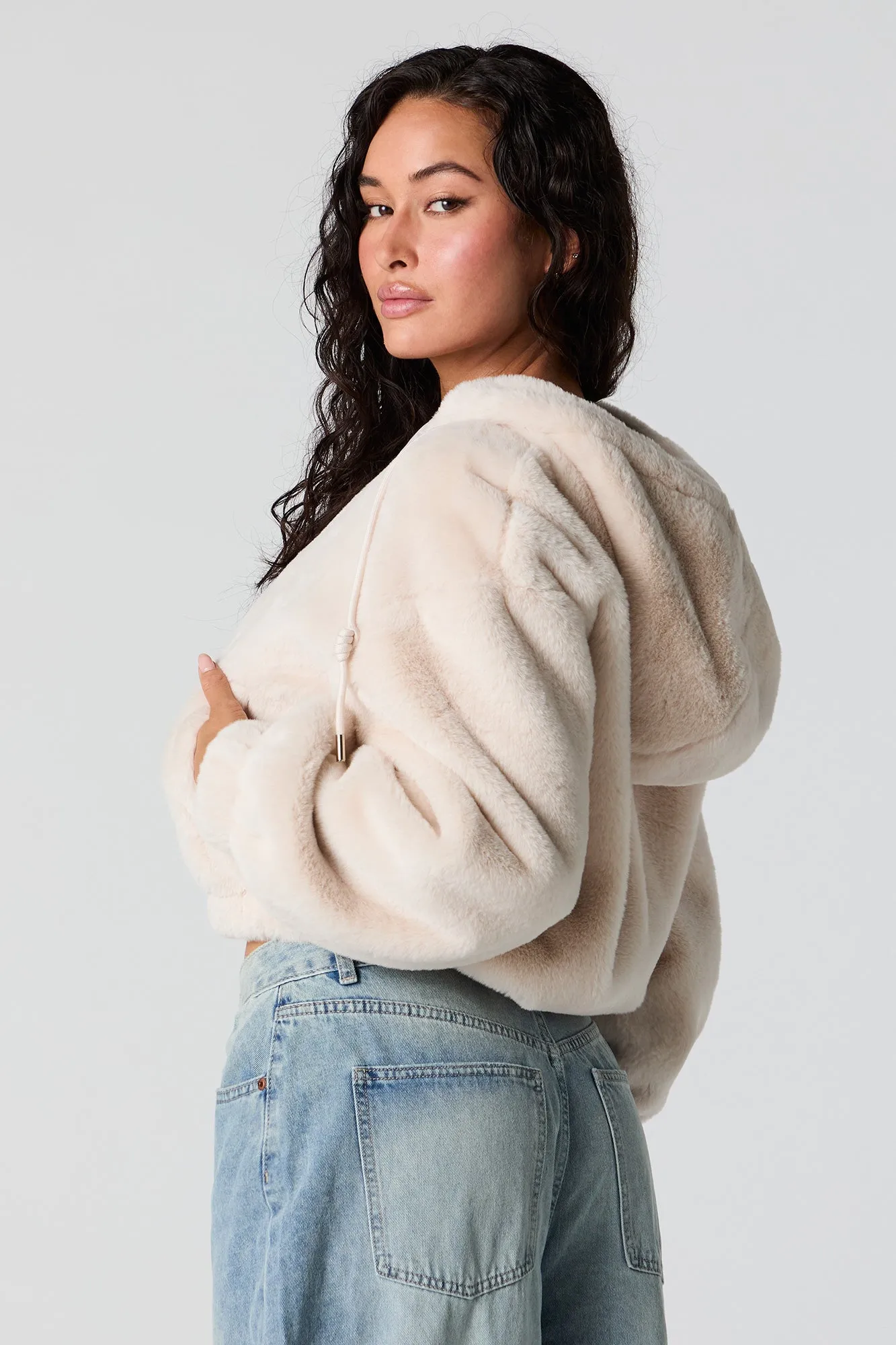 Faux Fur Hooded Bomber Jacket