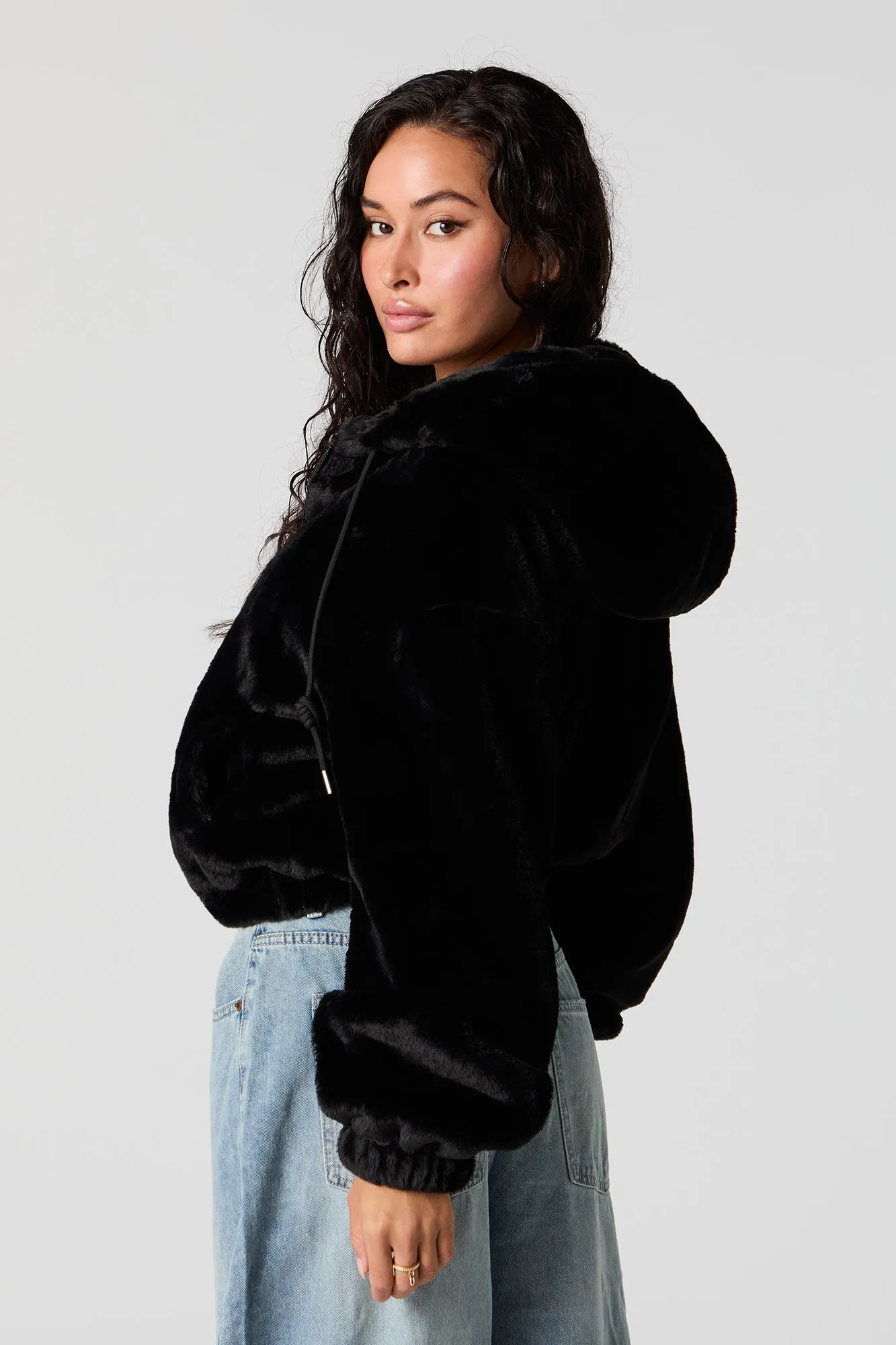 Faux Fur Hooded Bomber Jacket