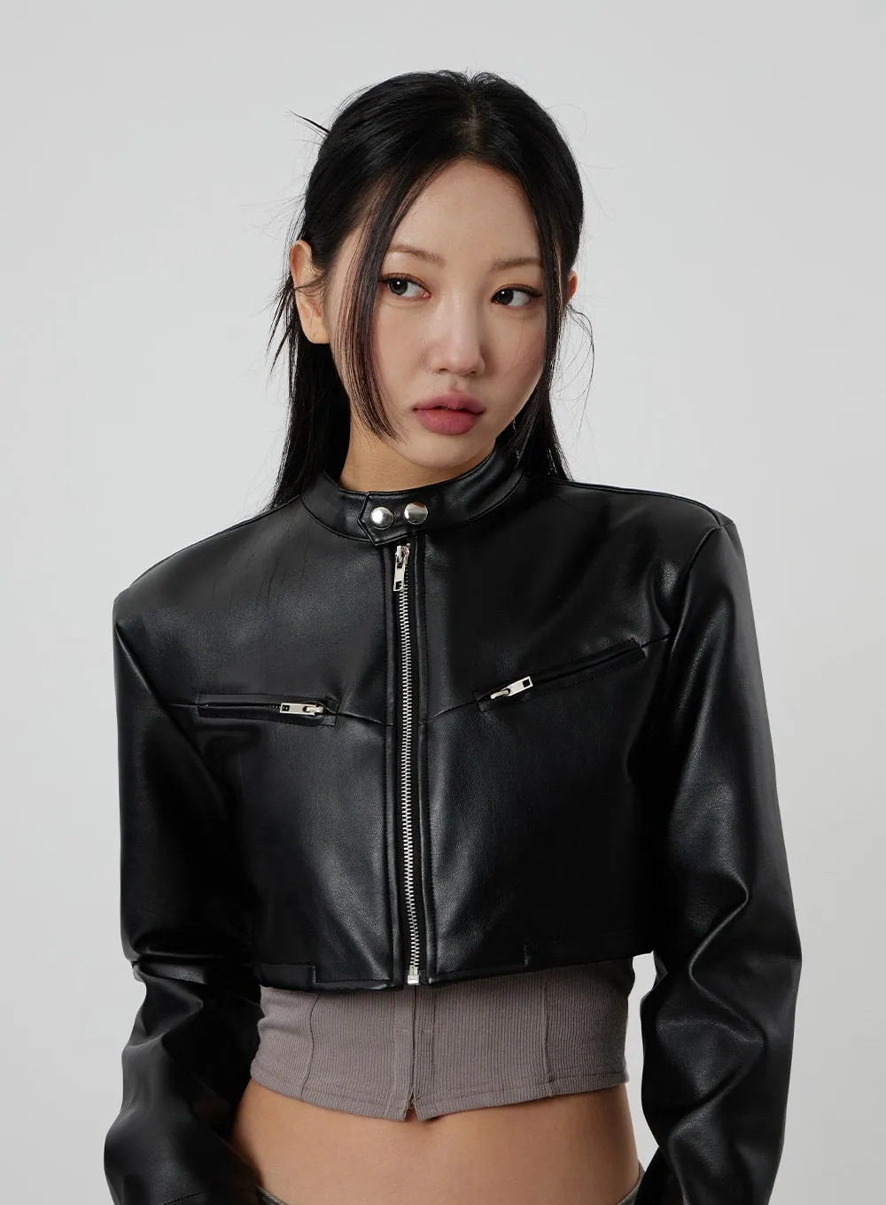 Faux Leather Cropped Zip-Up Jacket CF301