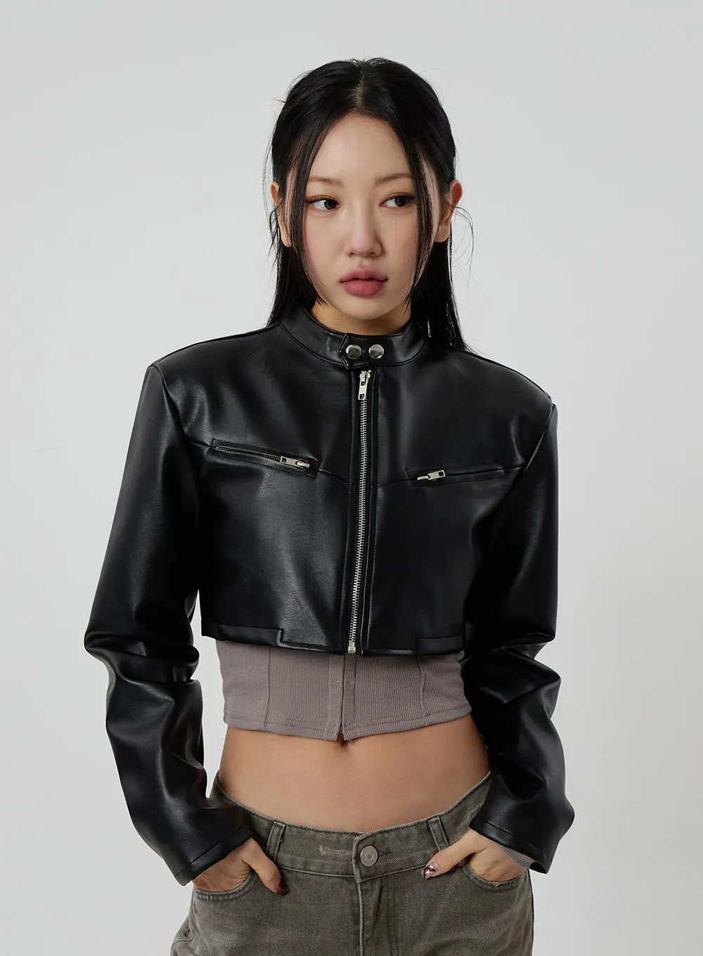 Faux Leather Cropped Zip-Up Jacket CF301