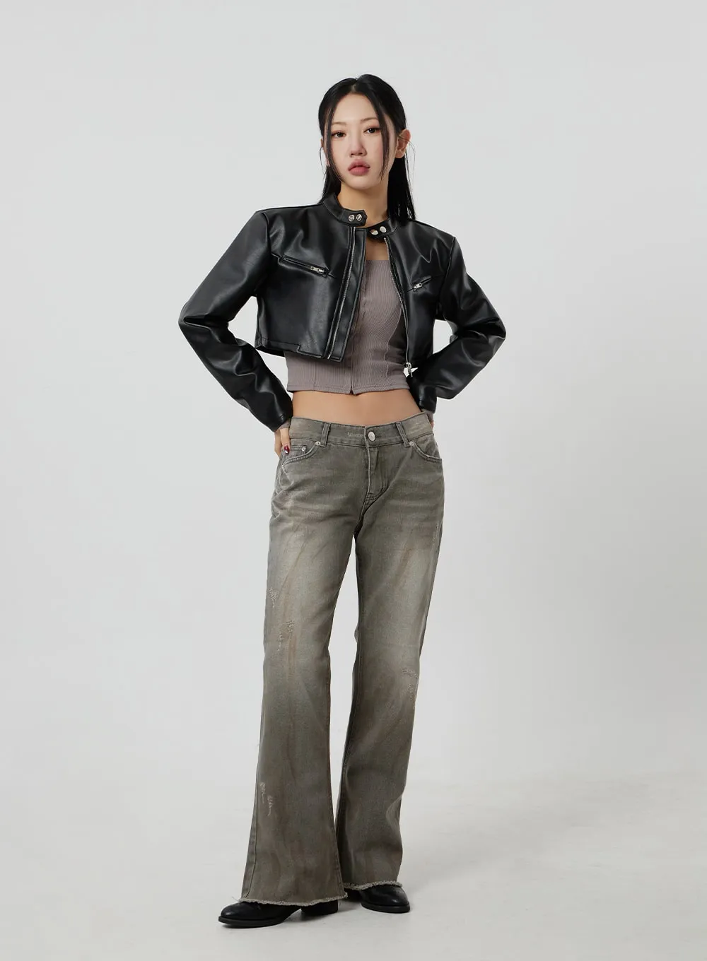 Faux Leather Cropped Zip-Up Jacket CF301