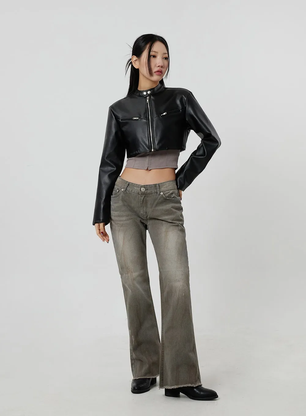 Faux Leather Cropped Zip-Up Jacket CF301