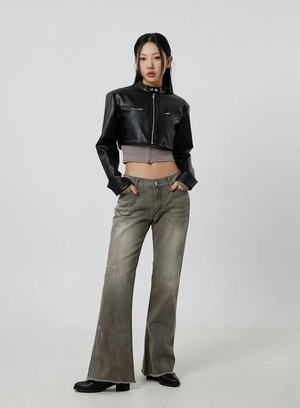 Faux Leather Cropped Zip-Up Jacket CF301