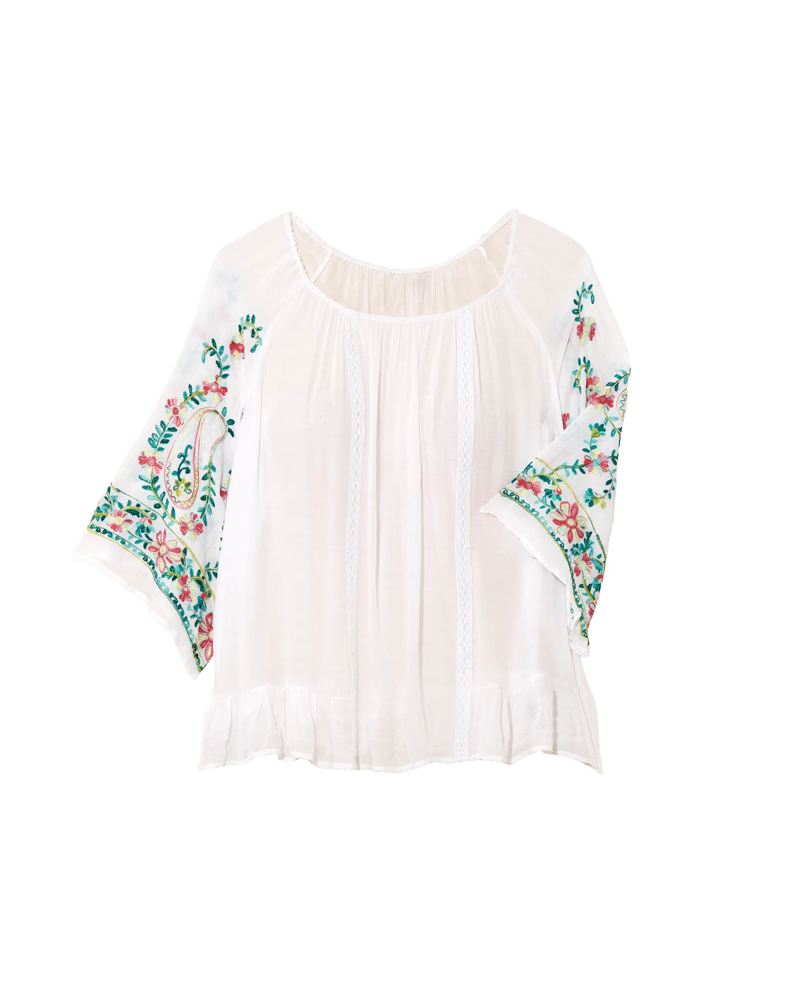 Faye Anne Flare Sleeve Peasant Blouse | White / Light Blue