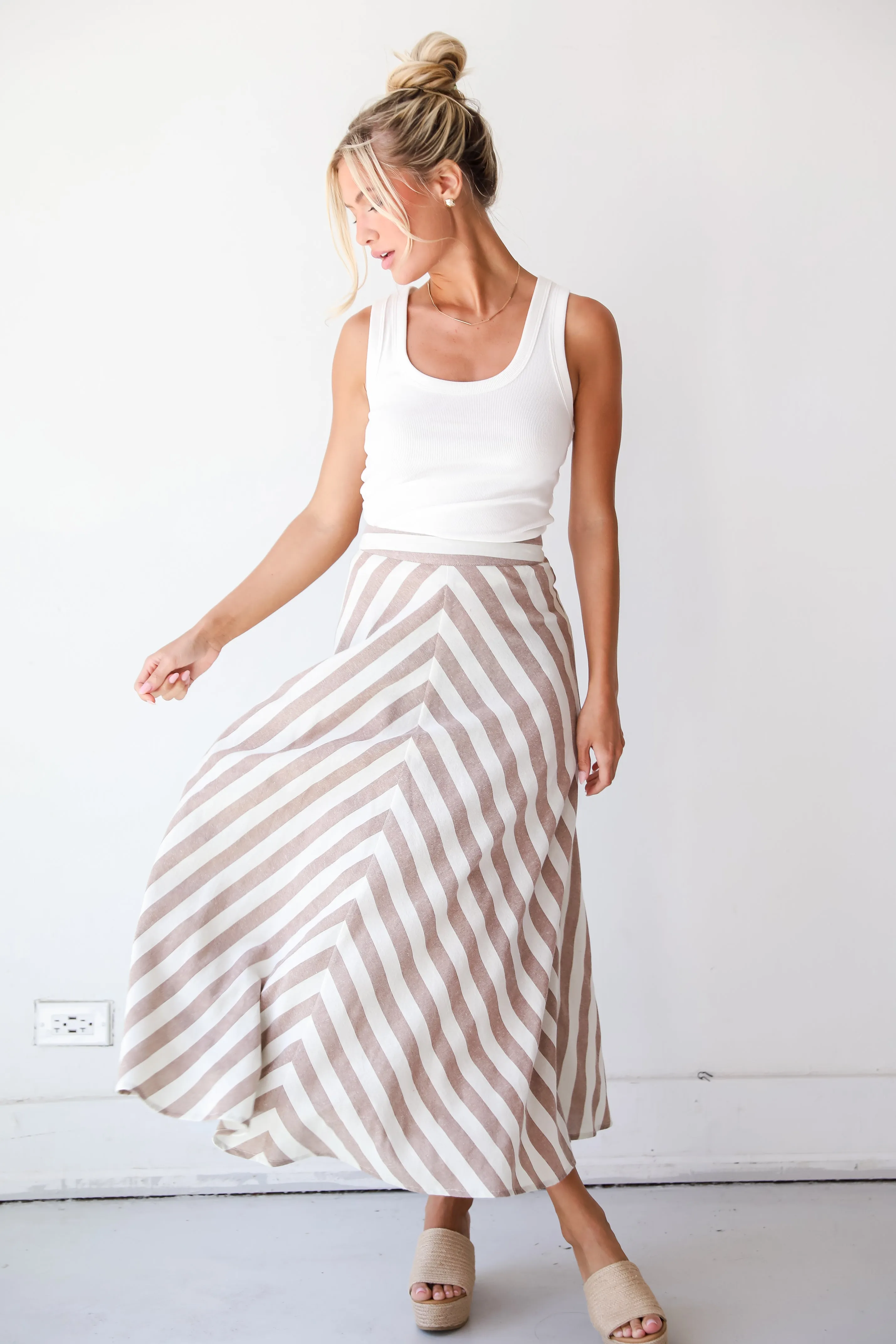 FINAL SALE - Completely Endearing Taupe Striped Maxi Skirt