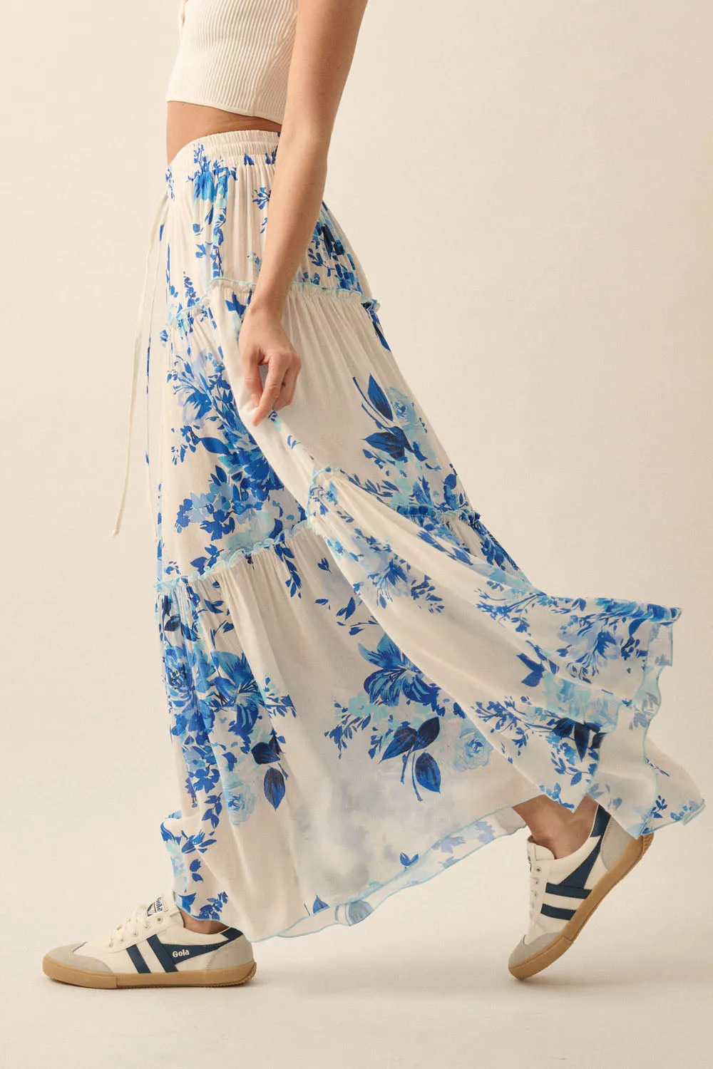 Floral Print Tiered Ruffle Drawstring Maxi Skirt