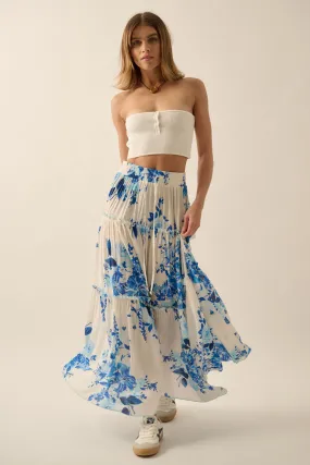 Floral Print Tiered Ruffle Drawstring Maxi Skirt