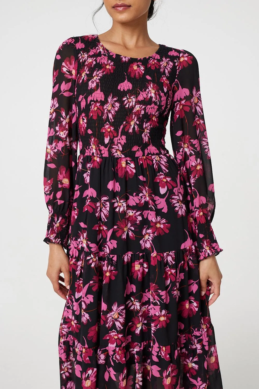 Floral Semi Sheer Long Sleeve Midi Dress