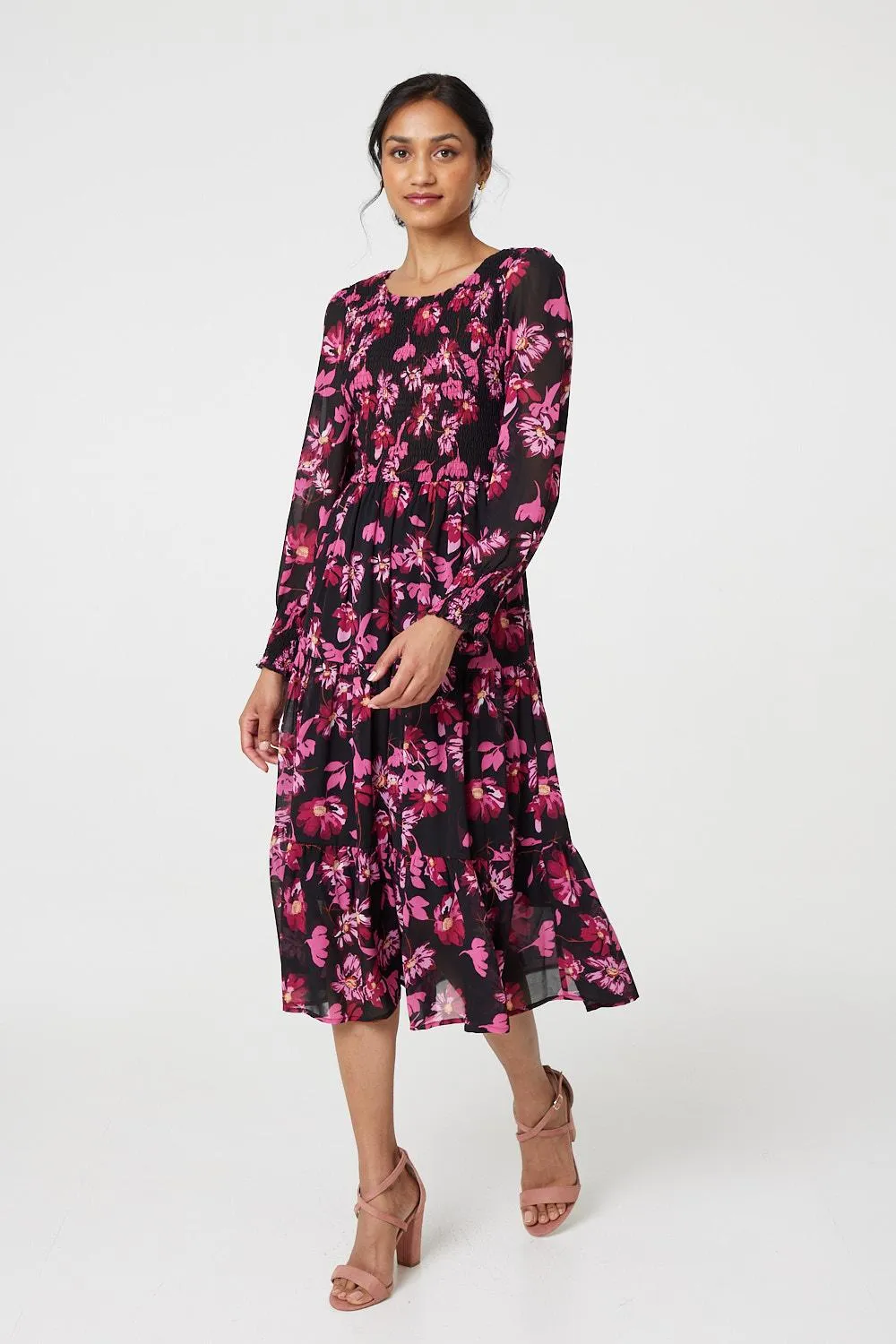 Floral Semi Sheer Long Sleeve Midi Dress