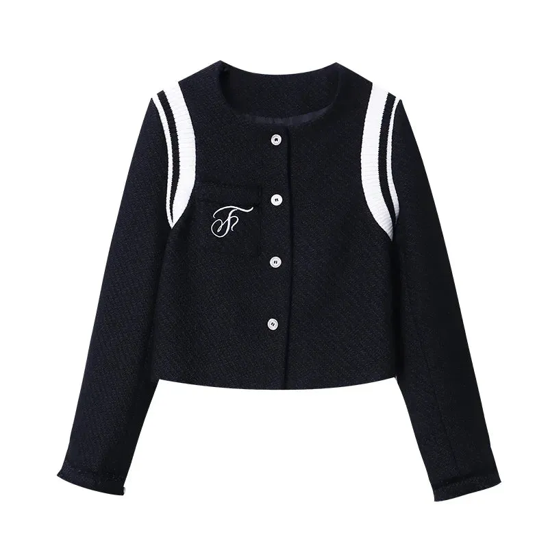 Flytonn-Fall Outfits Women Outwear Streetwear -Black Colorblock Striped Letter Embroidery Crop Baseball Jacket