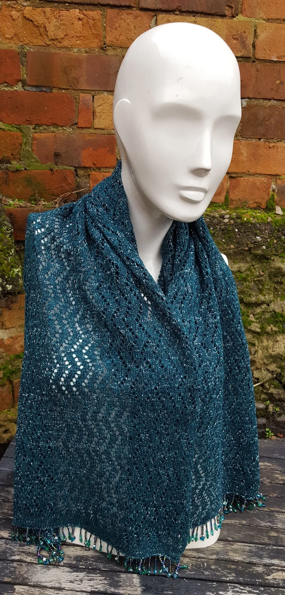 Forest Green, Beaded Lace Knit Shawl