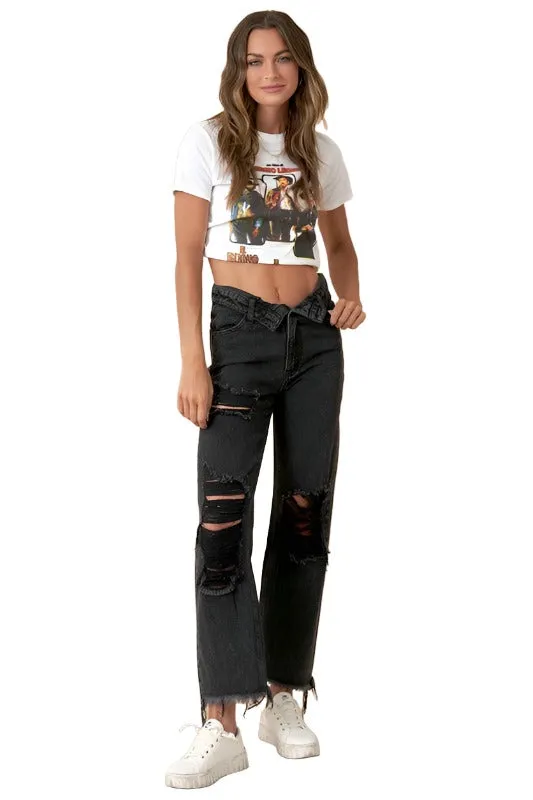 Frayed Flip Waist Straight Jeans