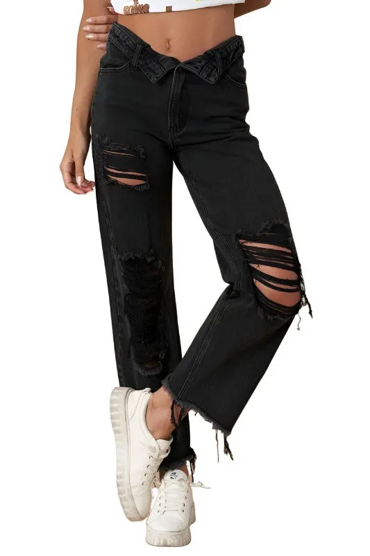 Frayed Flip Waist Straight Jeans