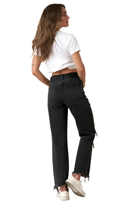 Frayed Flip Waist Straight Jeans