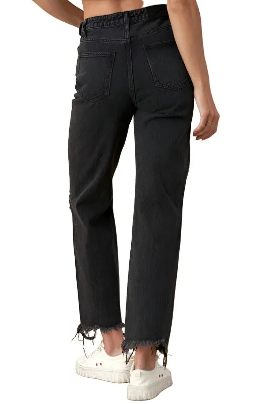 Frayed Flip Waist Straight Jeans