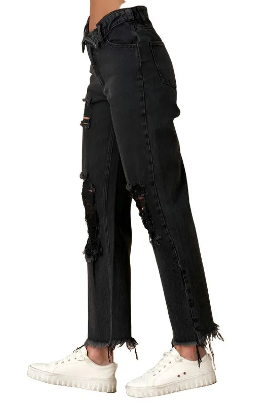 Frayed Flip Waist Straight Jeans