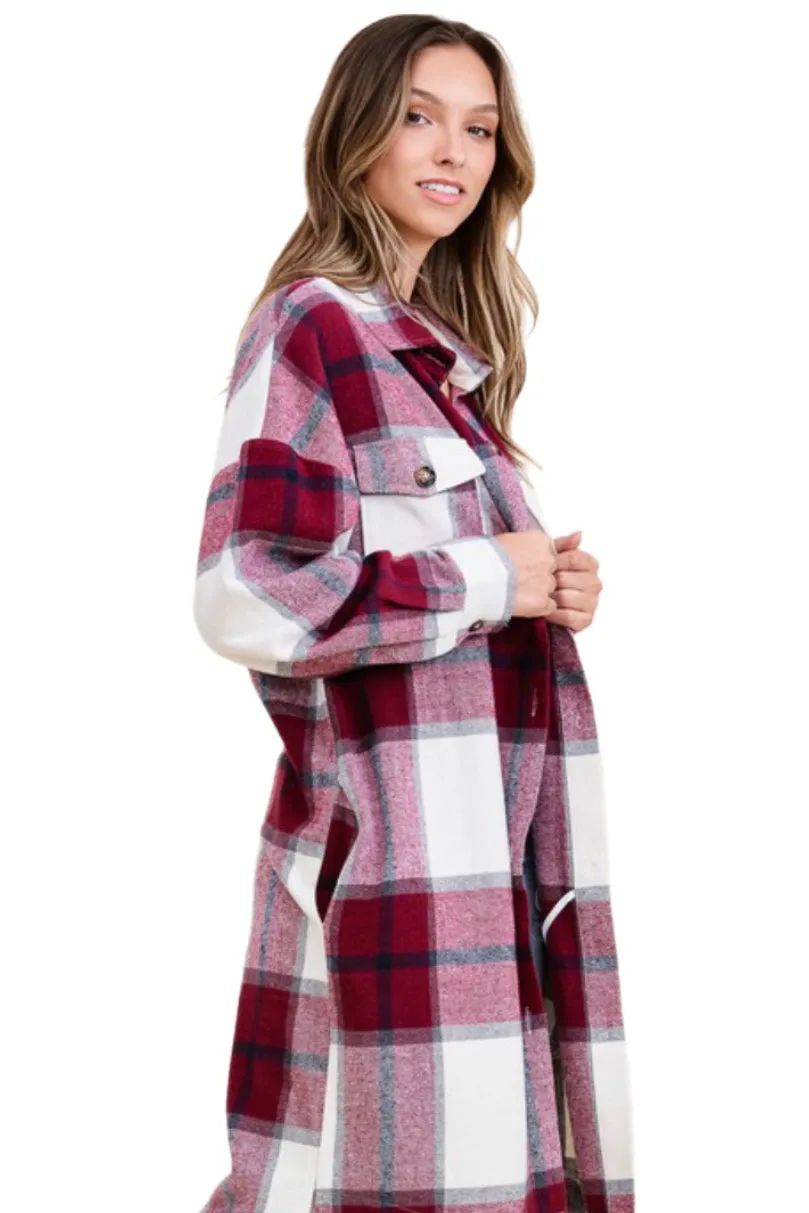 Full Length Plaid Jacket Style 3137 in Burgundy