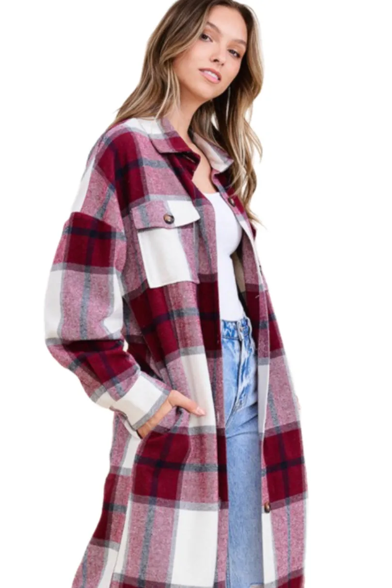 Full Length Plaid Jacket Style 3137 in Burgundy