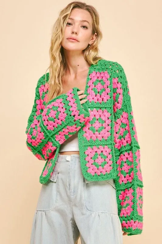 Full Size Two Tone Flower Square Crochet Open Front Cardigan