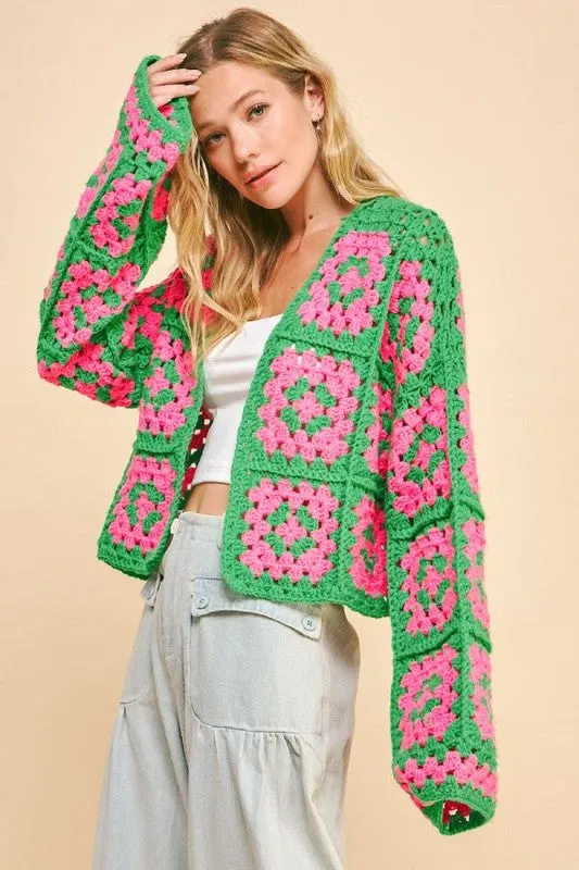 Full Size Two Tone Flower Square Crochet Open Front Cardigan