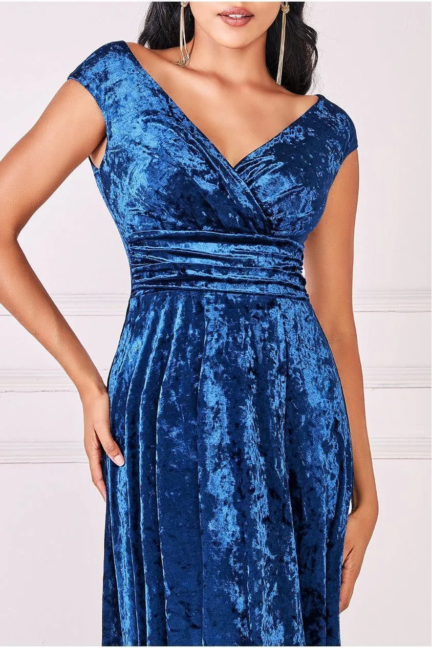 Goddiva Ice Velvet Bardot Wrap Maxi - Navy