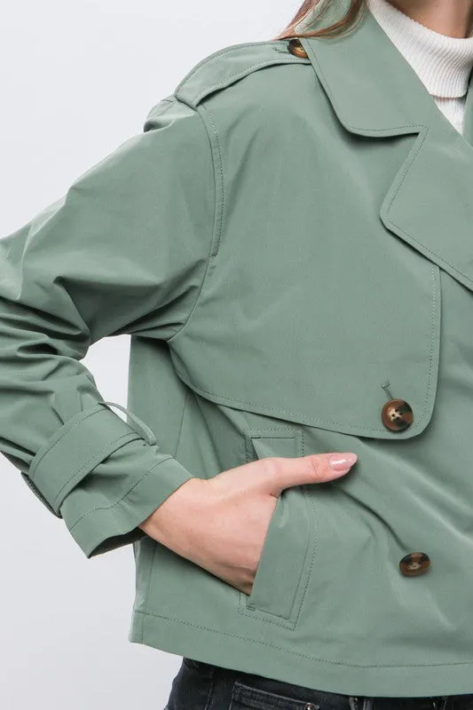 Grass Green Cropped Trench Jacket with Belt Sleeve Detail