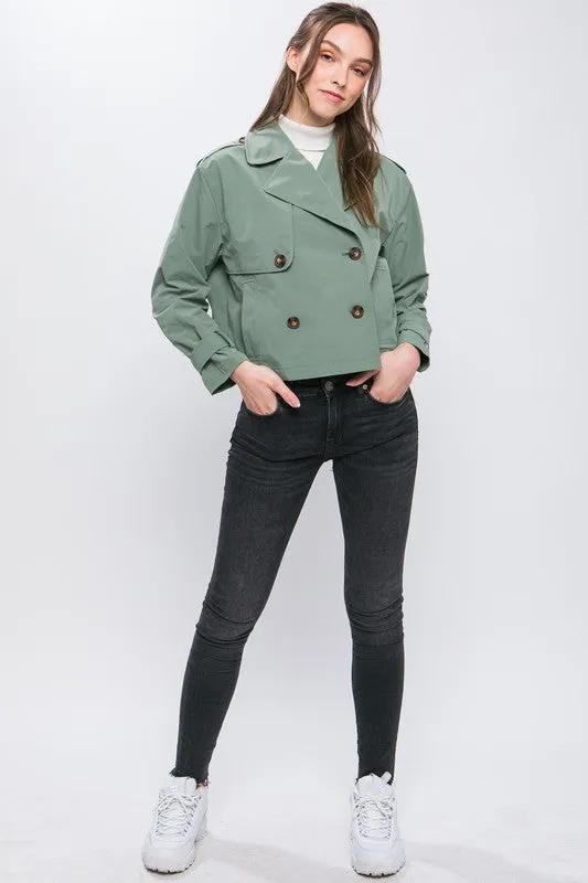 Grass Green Cropped Trench Jacket with Belt Sleeve Detail