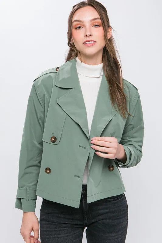 Grass Green Cropped Trench Jacket with Belt Sleeve Detail