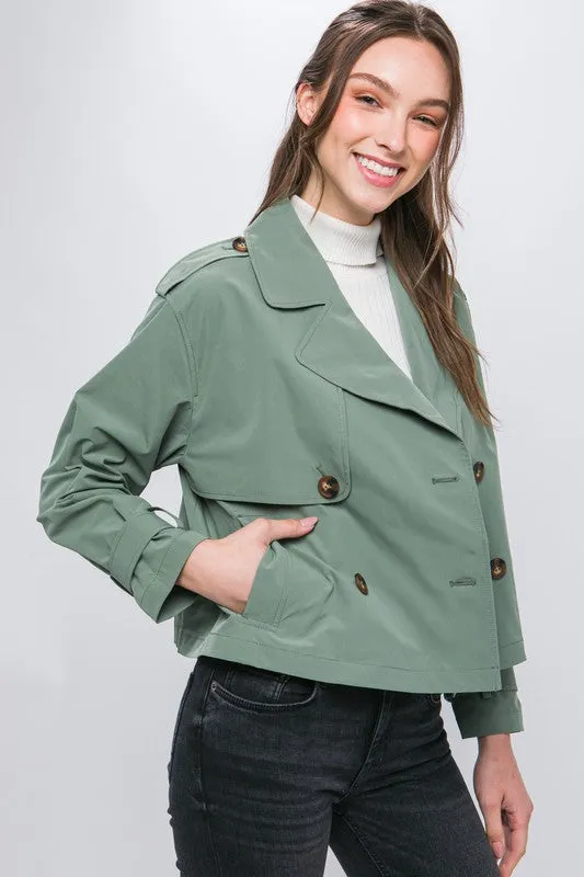 Grass Green Cropped Trench Jacket with Belt Sleeve Detail