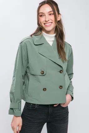 Grass Green Cropped Trench Jacket with Belt Sleeve Detail