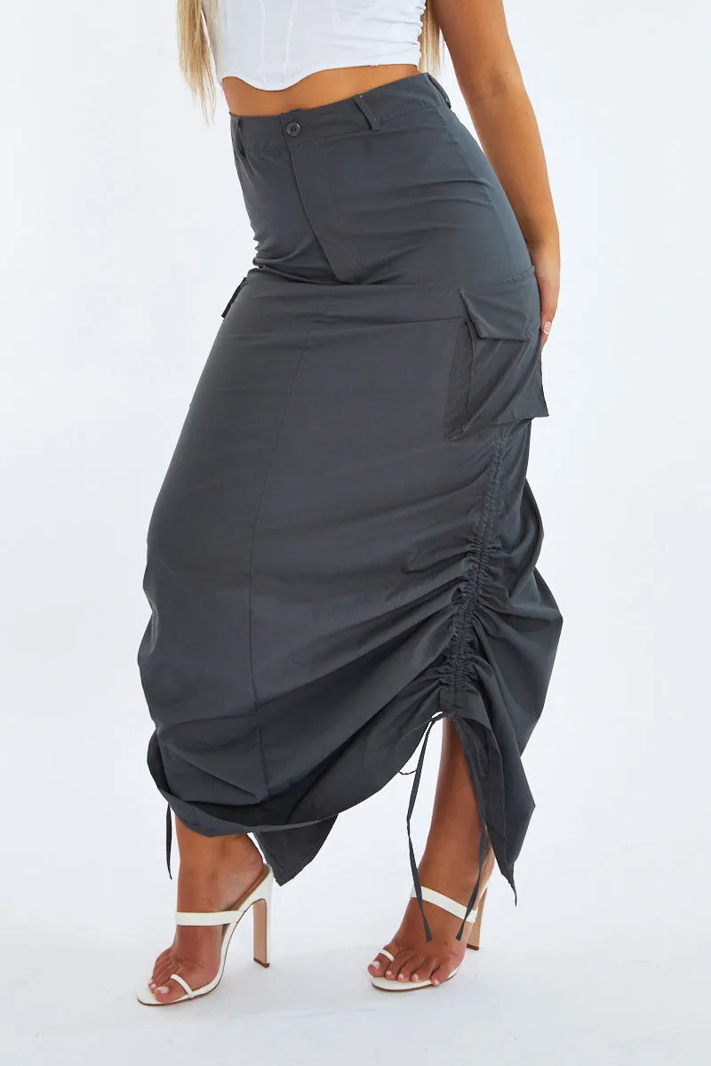 Grey Cargo Side Ruched Maxi Skirt - Nikita