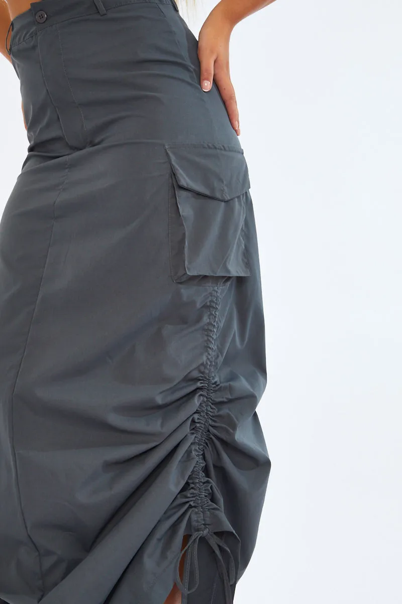 Grey Cargo Side Ruched Maxi Skirt - Nikita