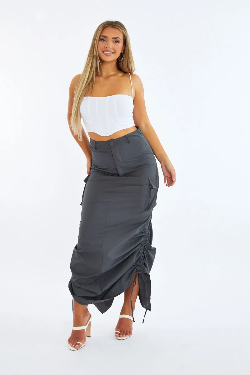 Grey Cargo Side Ruched Maxi Skirt - Nikita