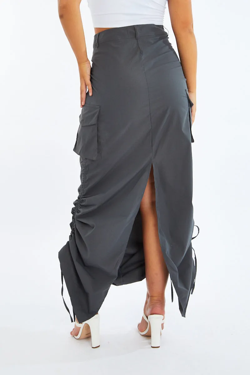 Grey Cargo Side Ruched Maxi Skirt - Nikita