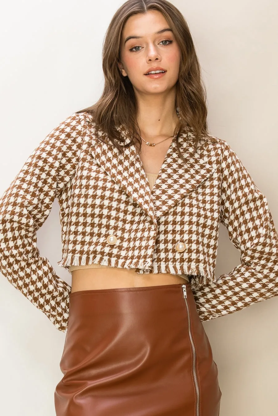 HF24C998-Houndstooth Crop Blazer