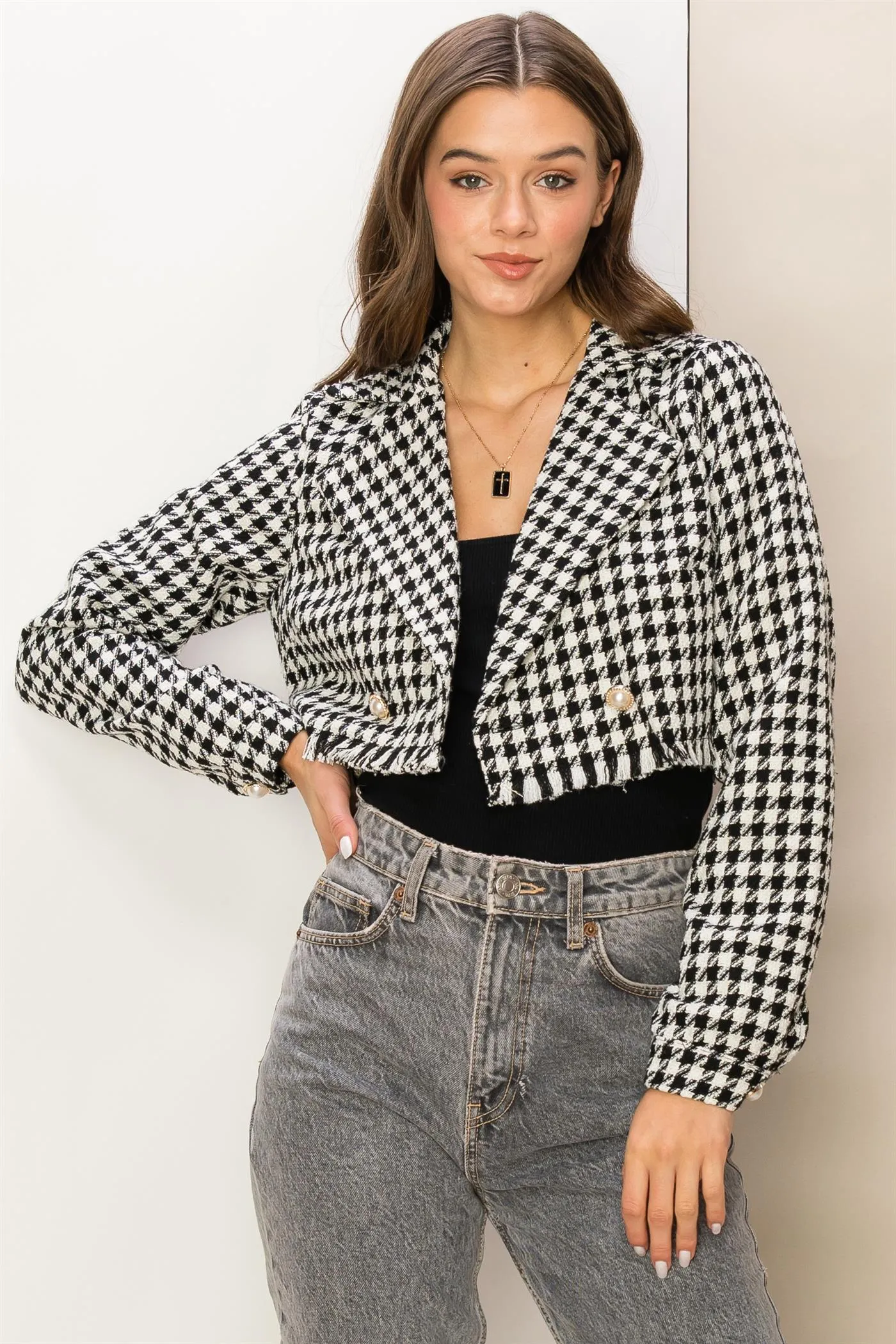 HF24C998-Houndstooth Crop Blazer