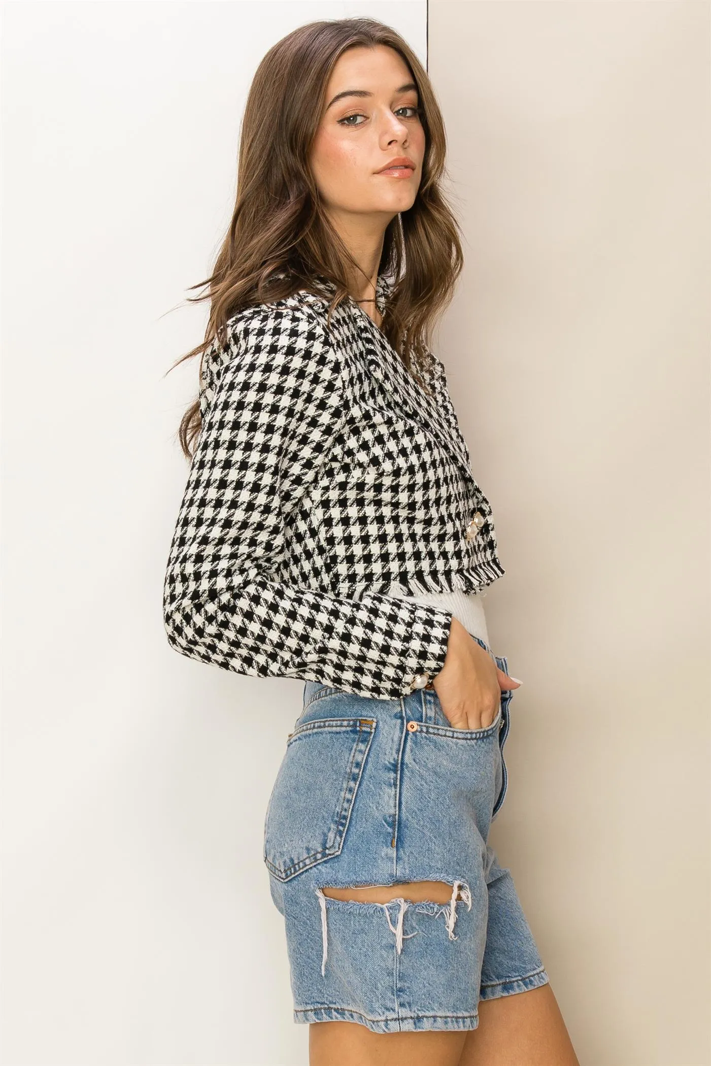 HF24C998-Houndstooth Crop Blazer