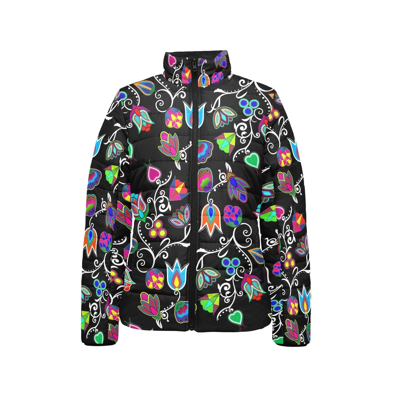 Indigenous Paisley Black Women's Stand Collar Padded Jacket